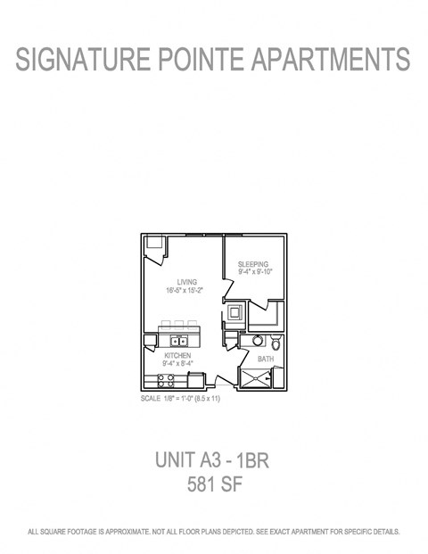 Floor plan for 1 bed, 1 bath, 581 sqft